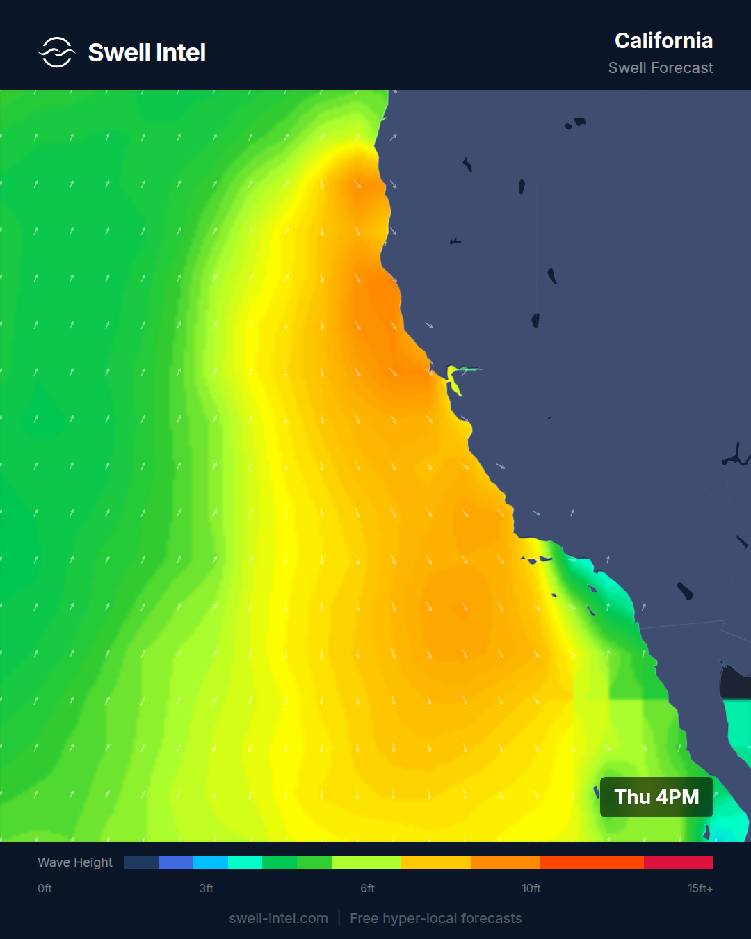 SWAN nearshore swell model map for the California coast showing a SSW south swell filling into Southern California