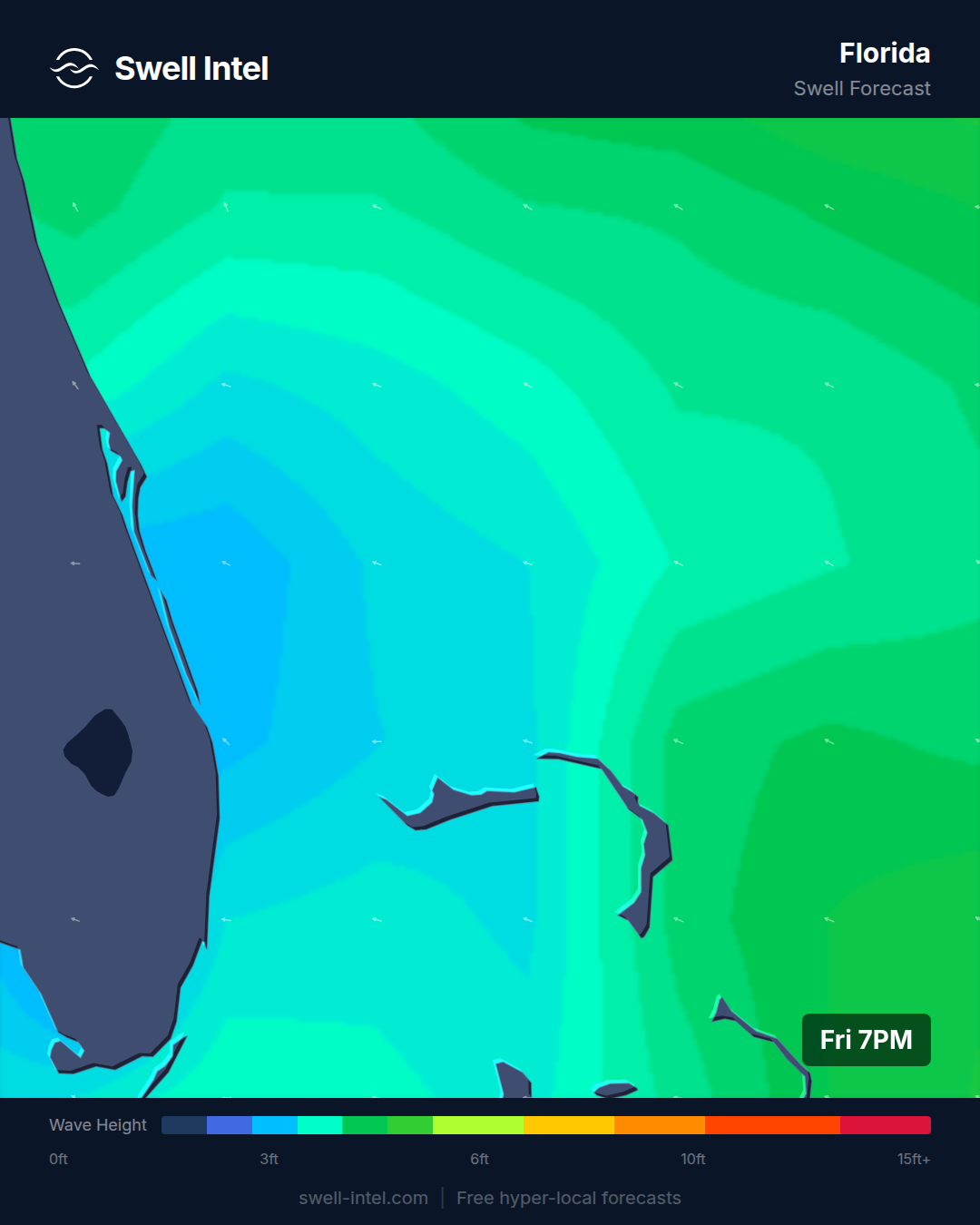Swell Intel SWAN nearshore swell map for Florida East Coast, weekend of July 11-12 2026