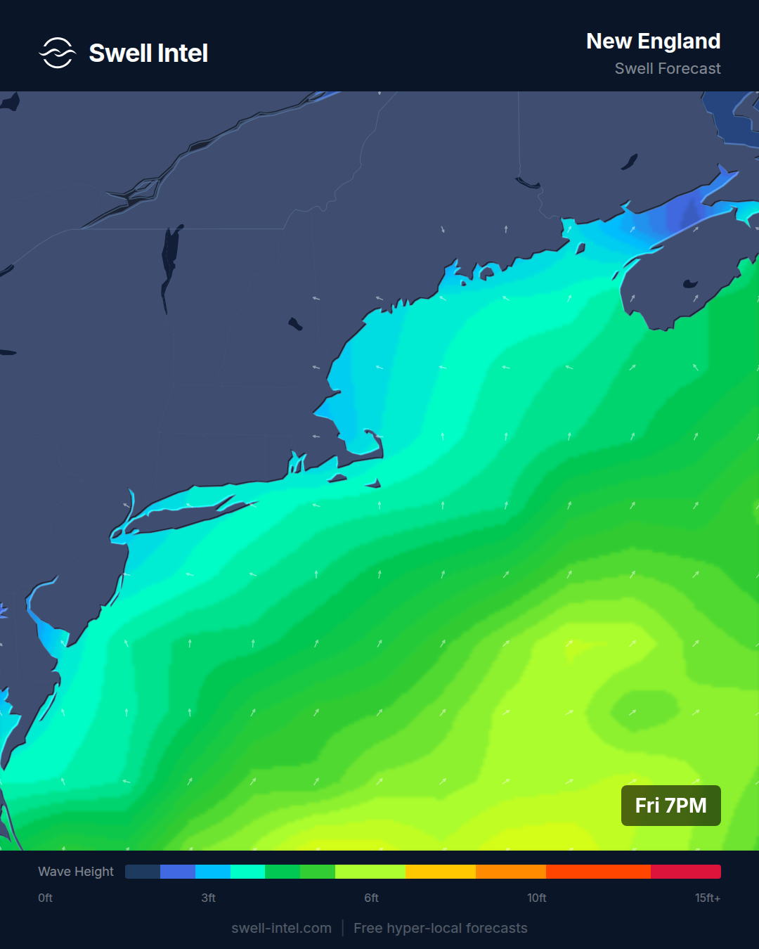Swell Intel SWAN nearshore swell map for New England, weekend of July 11-12 2026