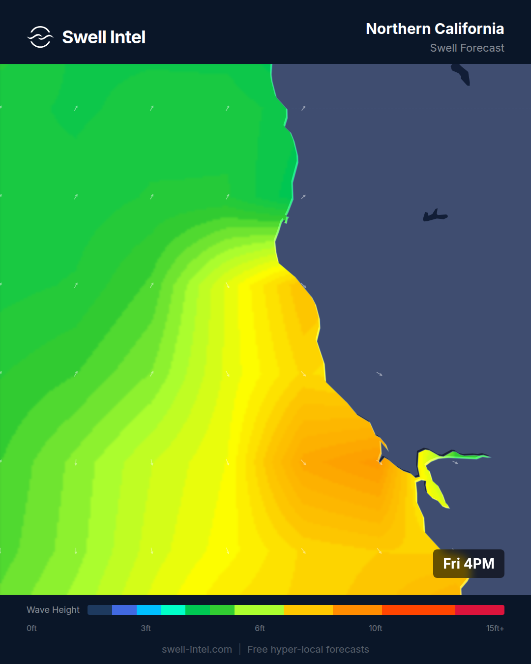 Swell Intel SWAN nearshore swell map for Northern California, weekend of July 11-12 2026