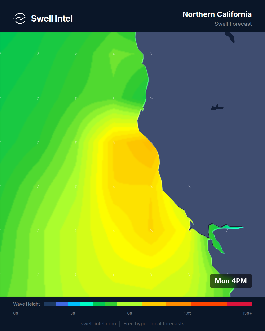 Northern California nearshore swell map for July 13-19, 2026
