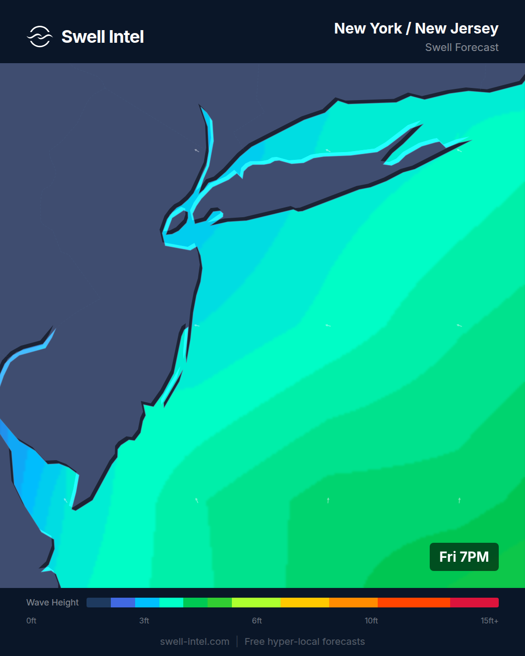 Swell Intel SWAN nearshore swell map for New York / New Jersey, weekend of July 11-12 2026