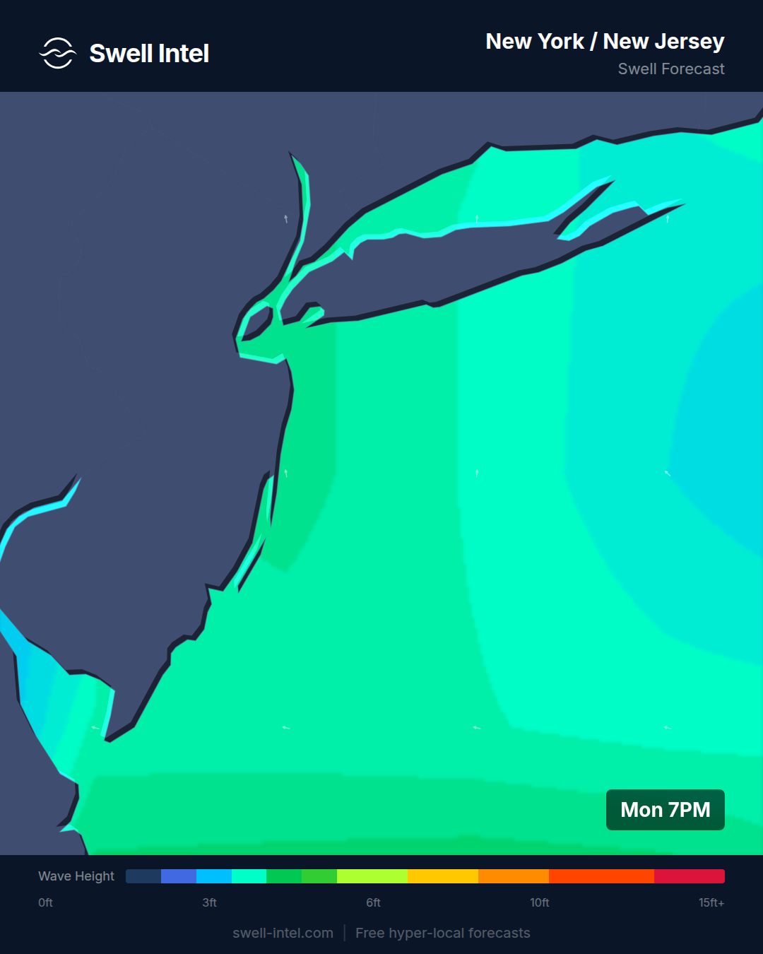 New York / New Jersey nearshore swell map for July 13-19, 2026