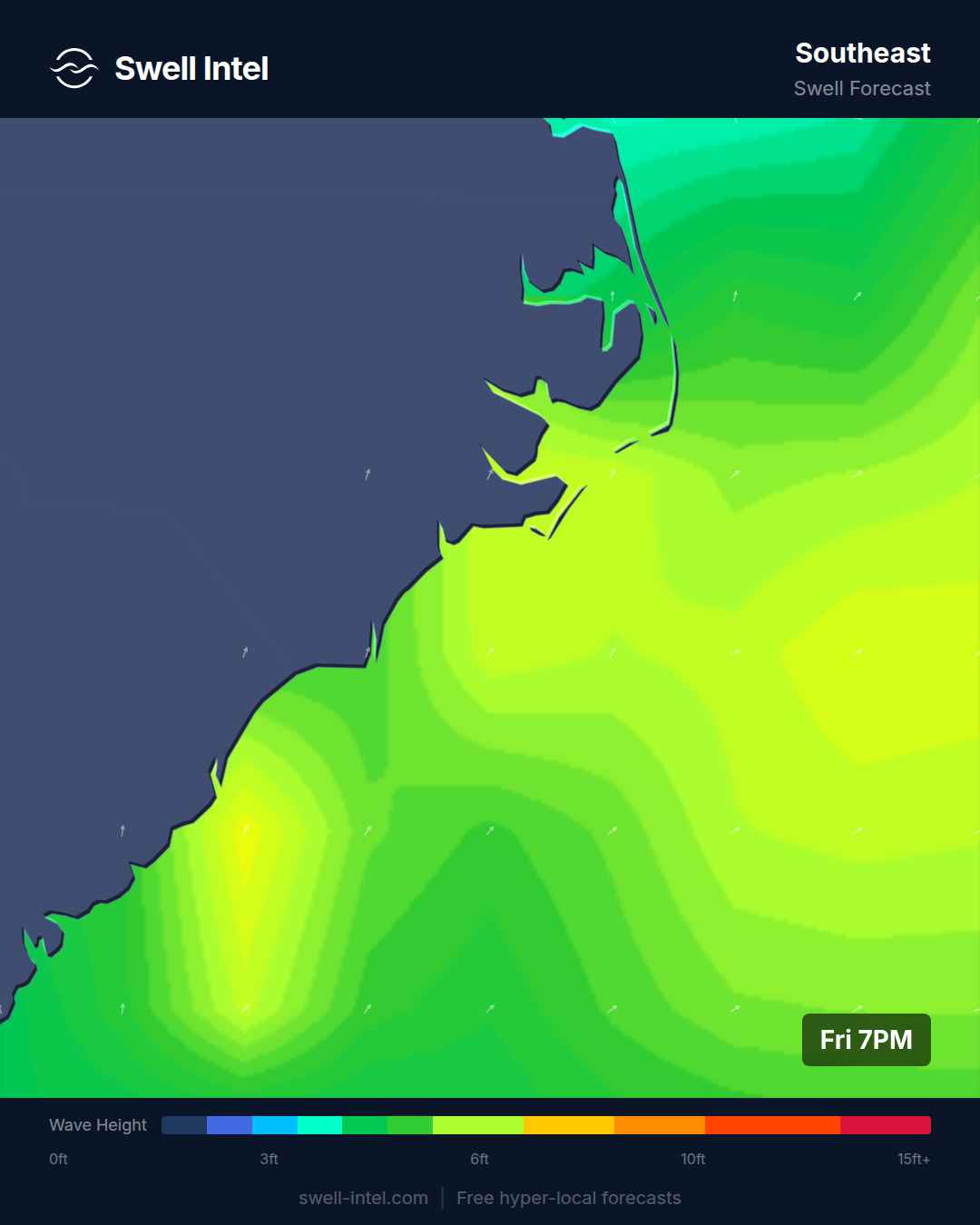 Swell Intel SWAN nearshore swell map for Outer Banks, weekend of July 11-12 2026