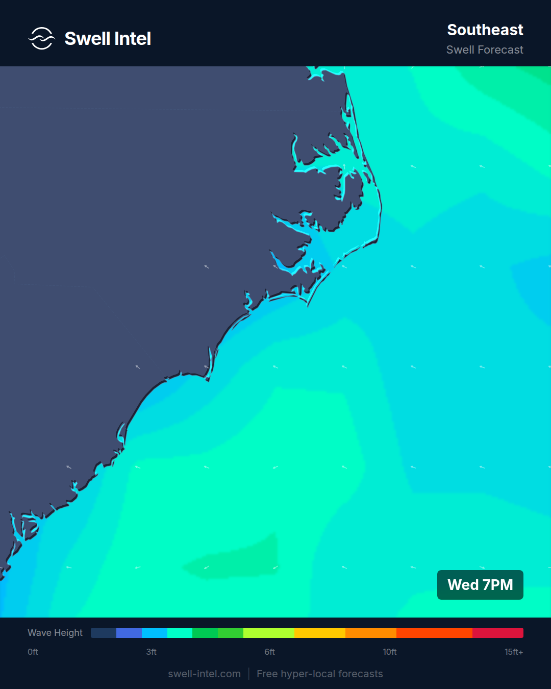 Swell Intel 50 m SWAN nearshore swell map of the Outer Banks and Cape Hatteras