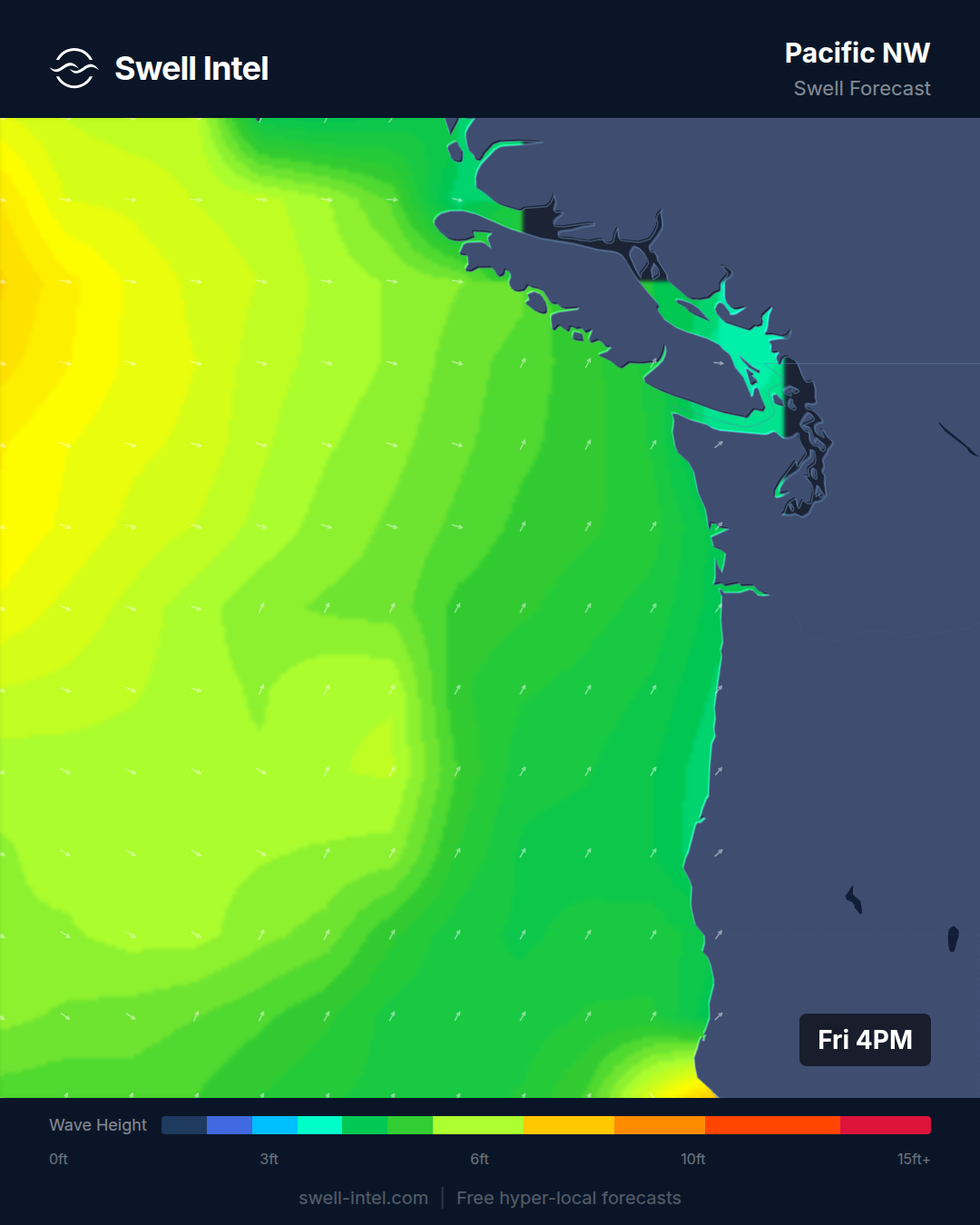 Swell Intel SWAN nearshore swell map for Pacific Northwest, weekend of July 11-12 2026