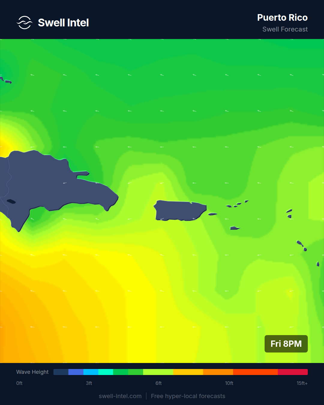 Swell Intel SWAN nearshore swell map for Puerto Rico, weekend of July 11-12 2026