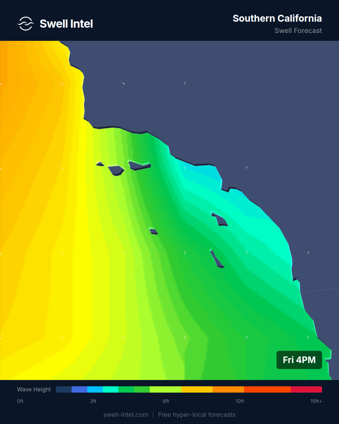 Swell Intel SWAN nearshore swell map for Southern California, weekend of July 11-12 2026