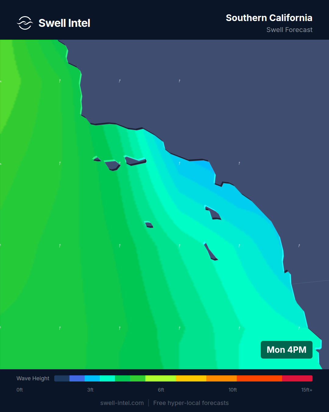 Southern California nearshore swell map for July 13-19, 2026