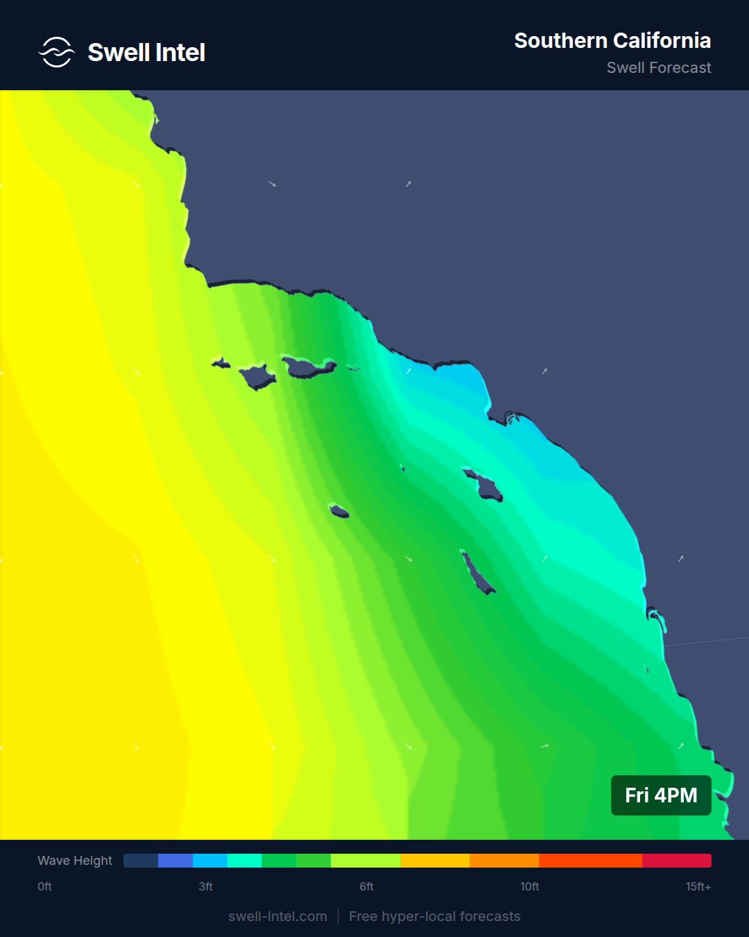 SWAN nearshore swell map for Southern California, weekend of July 18-19, 2026